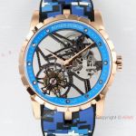 BBR Factory Roger Dubuis Excalibur Skeleton Flying Tourbillon Watch Rose Gold Blue Rubber Strap